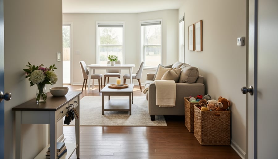 Bright home interior with boxes and staged living room elements preparing for sale showings.