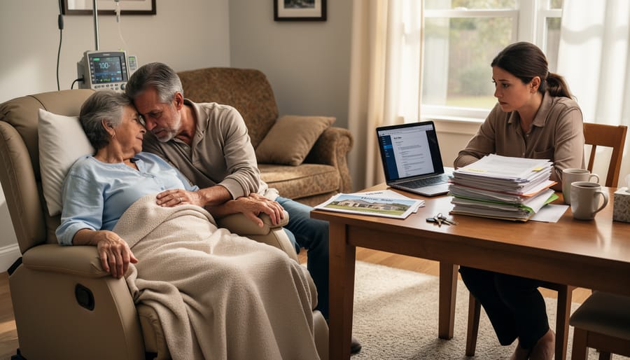 Family caregiver comforting an elderly person in a living room while discussing paperwork.