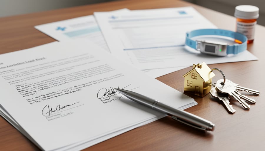 Close-up of signed legal documents and keys on a desk indicating real estate paperwork.